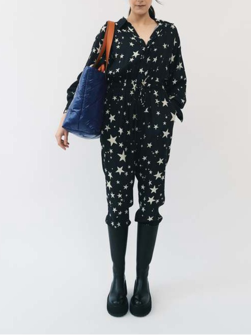 Farm Rio Star Print Jumpsuit Navy Long Sleeve Tapered Leg Size M